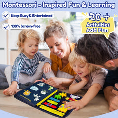 Qizfun Dinosaur Busy Board showing zippers and buttons for fine motor skills