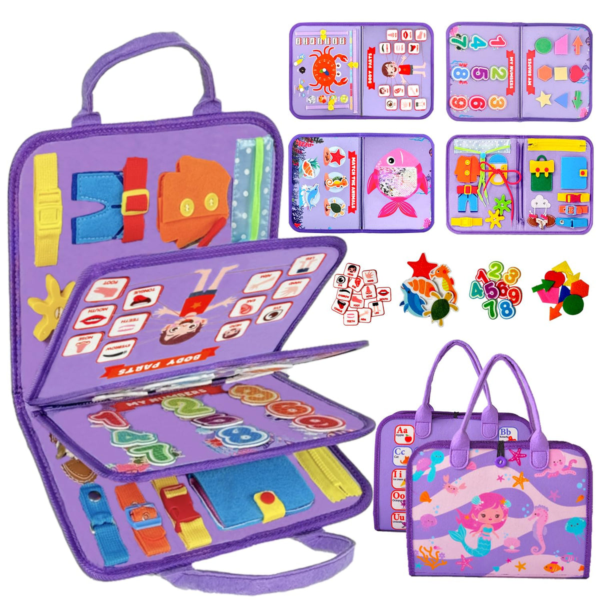 Qizfun Mermaid Busy Board cover showcases vibrant mermaid design for screen-free play.