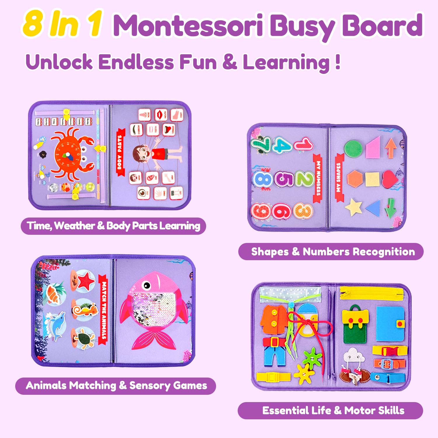 Qizfun Mermaid Busy Board zipper page enhances fine motor skills through tactile action.