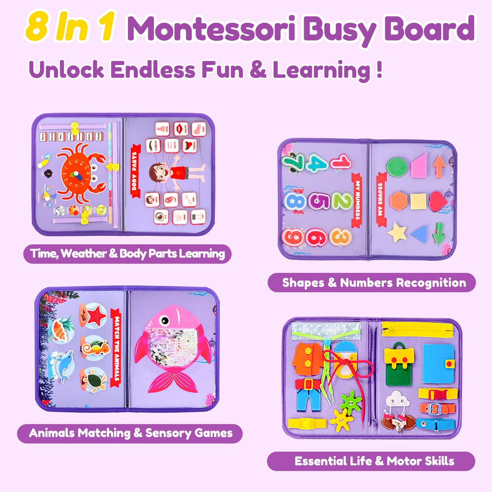 Qizfun Mermaid Busy Board zipper page enhances fine motor skills through tactile action.