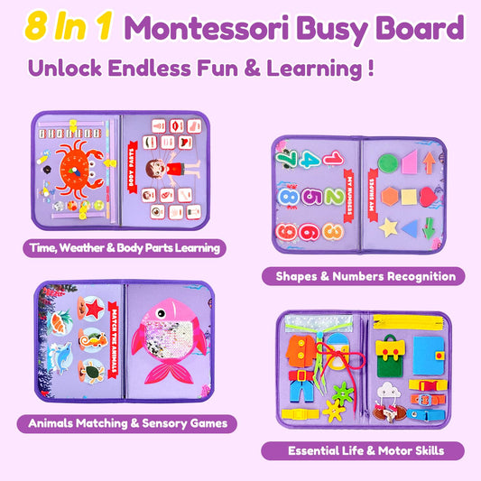 Qizfun Mermaid Busy Board zipper page enhances fine motor skills through tactile action.