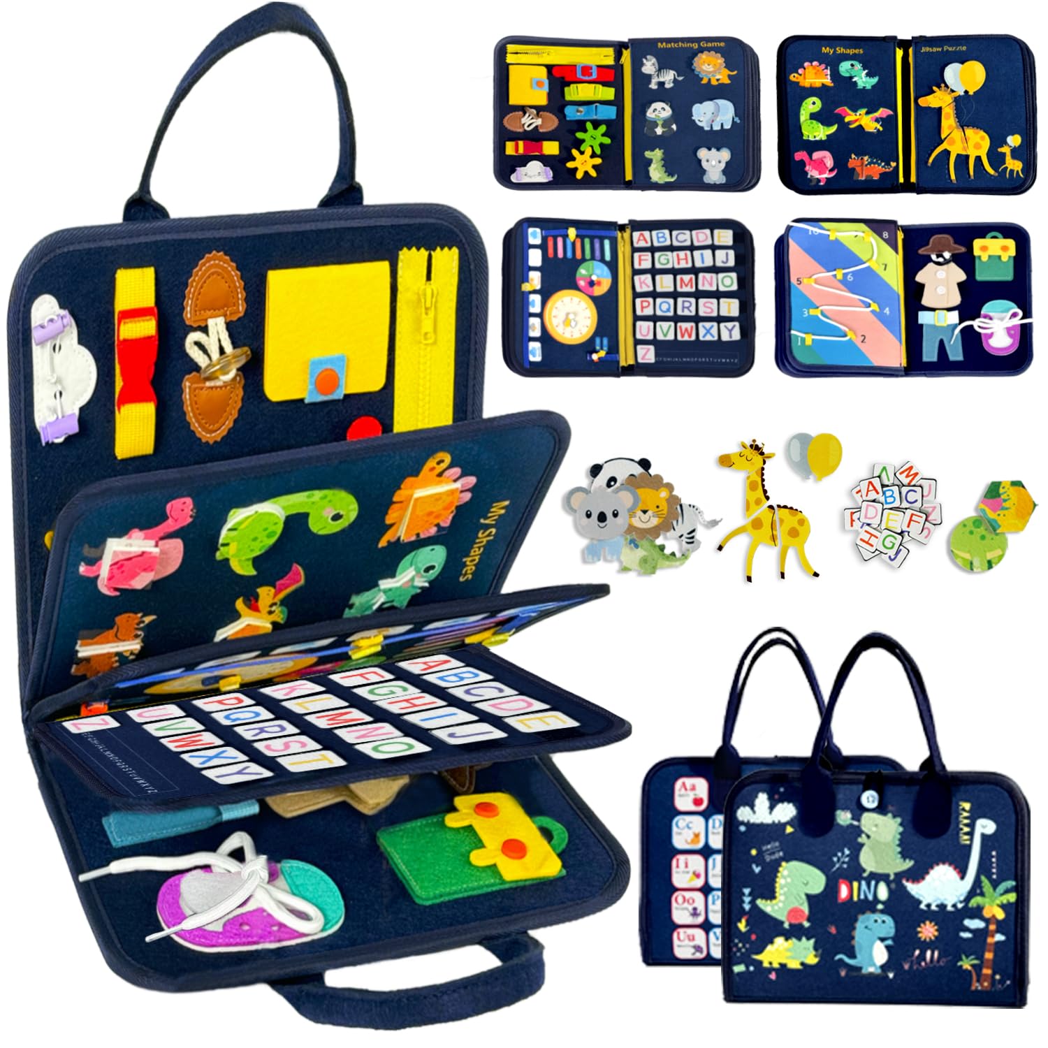 Qizfun Toddler Busy Board 8-page dinosaur page with tactile activities for early learning