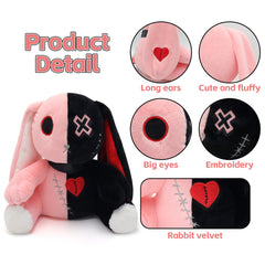 Qleewei Goth Bunny plush on a bed, perfect spooky companion
