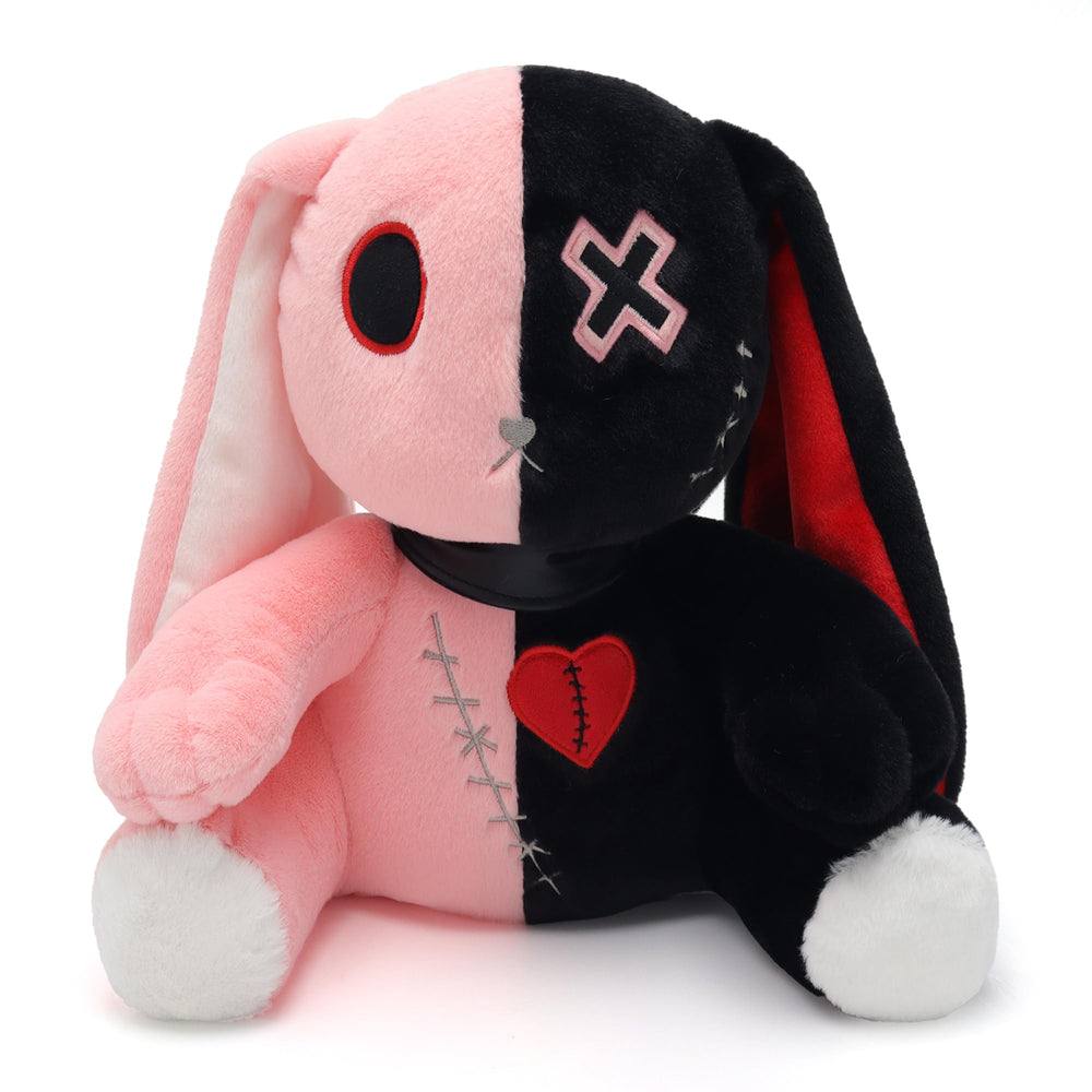 Qleewei Goth Bunny plush face close-up, soft texture for cozy Halloween decor