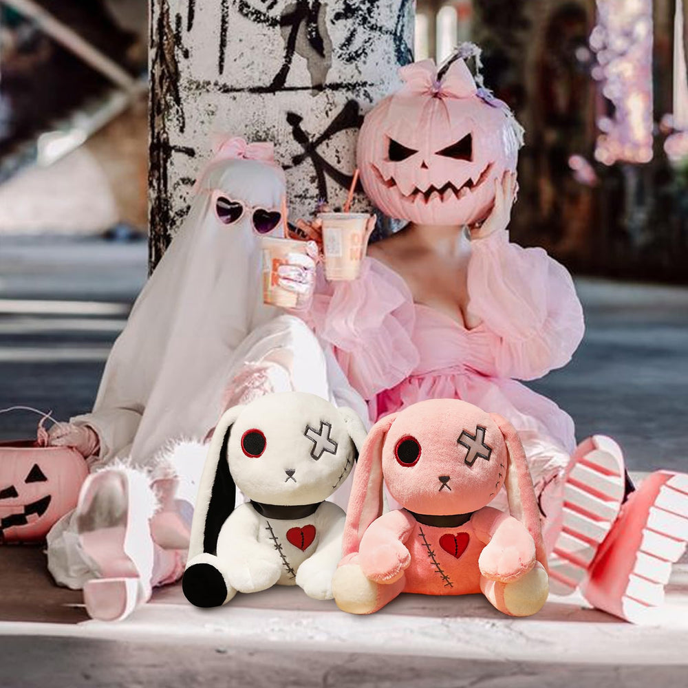 Qleewei Goth Bunny plush in white, pink, and black colors for style