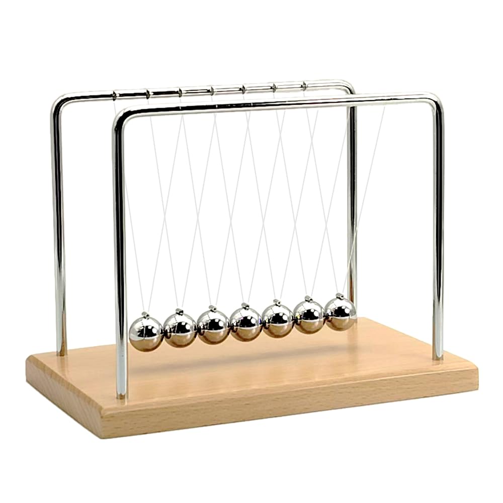 QLKUNLA Newtons Cradle 7-balls on beech wood, mesmerizing energy transfer display.