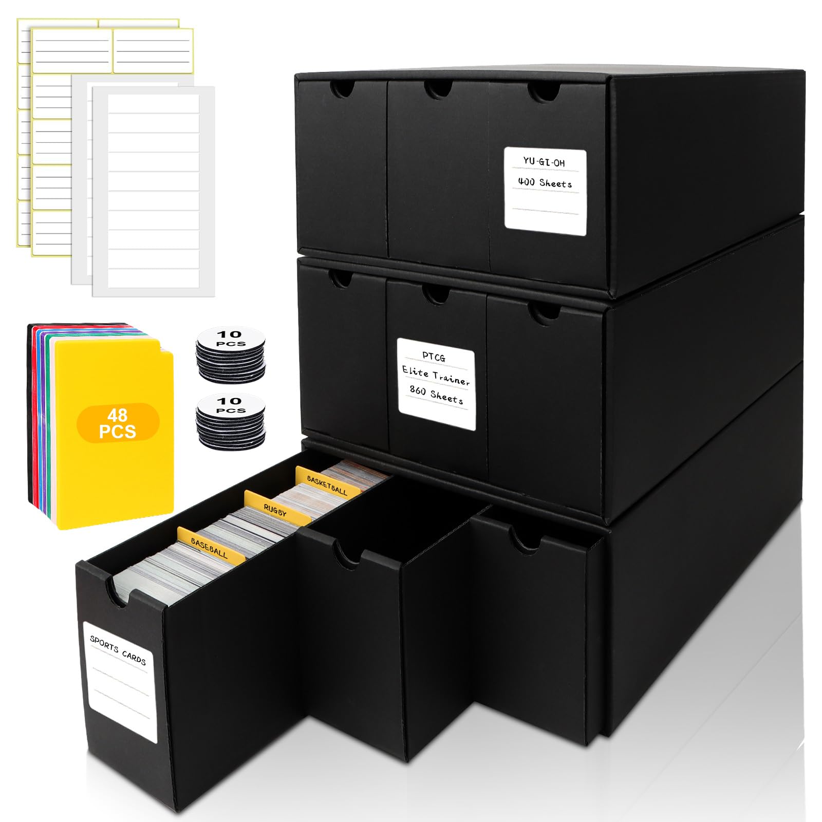 QLOUNI storage box front view highlights sleek all-black finish for organized card collections.
