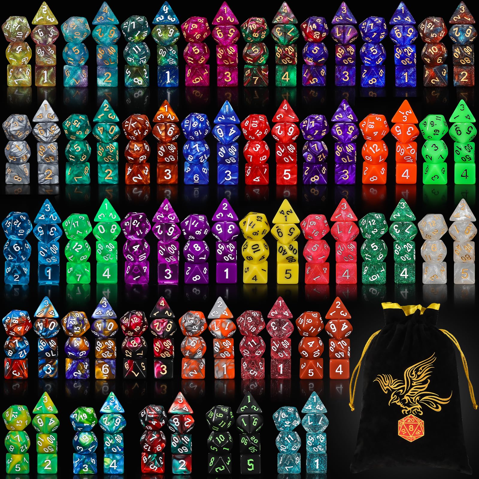 QMay 35-set polyhedral dice collection in vibrant RPG colors
