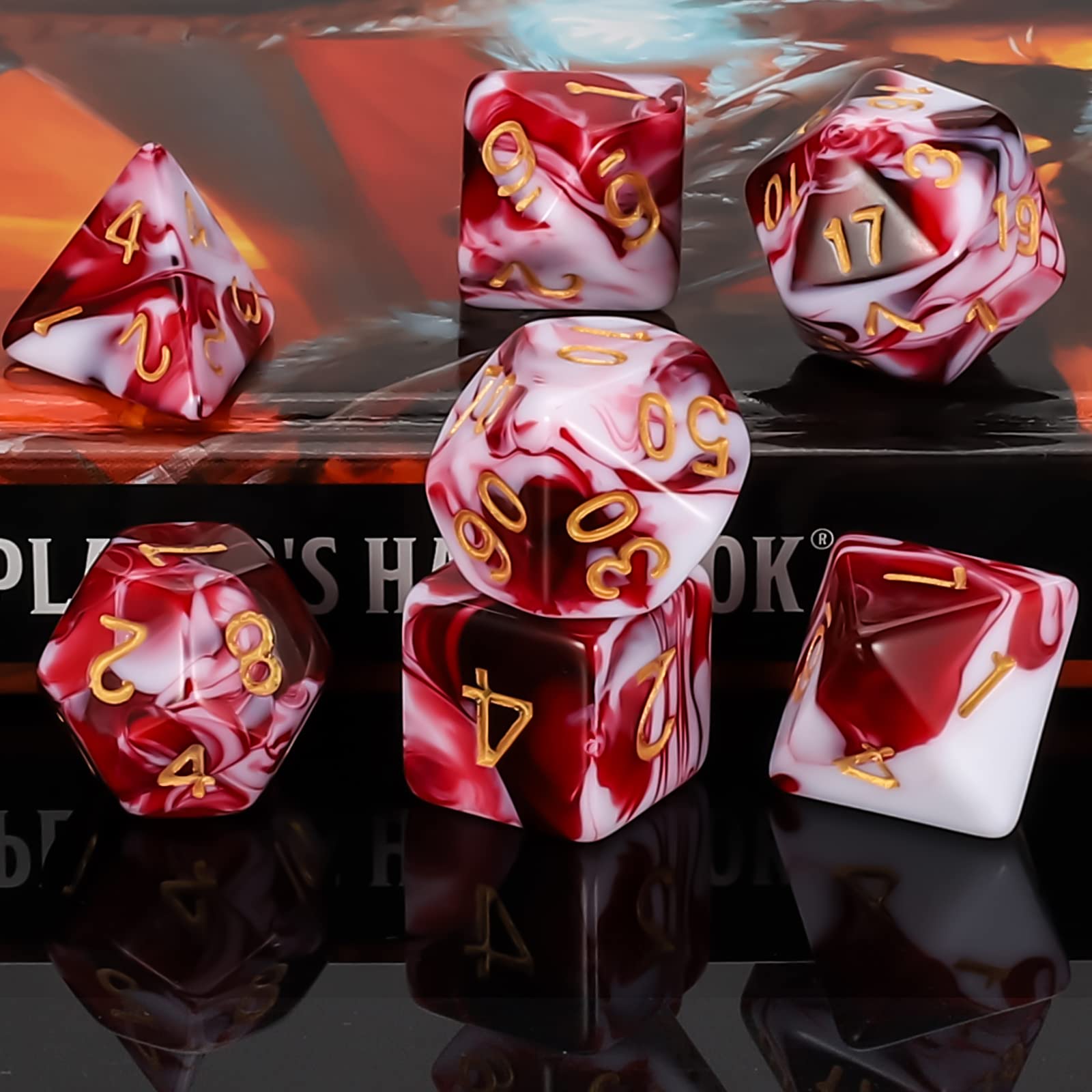 QMAY dice set with complimentary black pouch for safe storage.