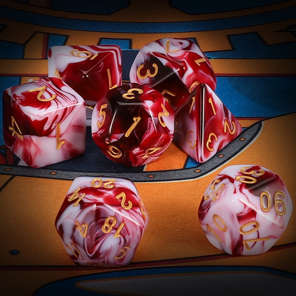 QMAY green nebula dice with wine red flash for dramatic rolls.