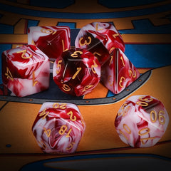 QMAY green nebula dice with wine red flash for dramatic rolls.
