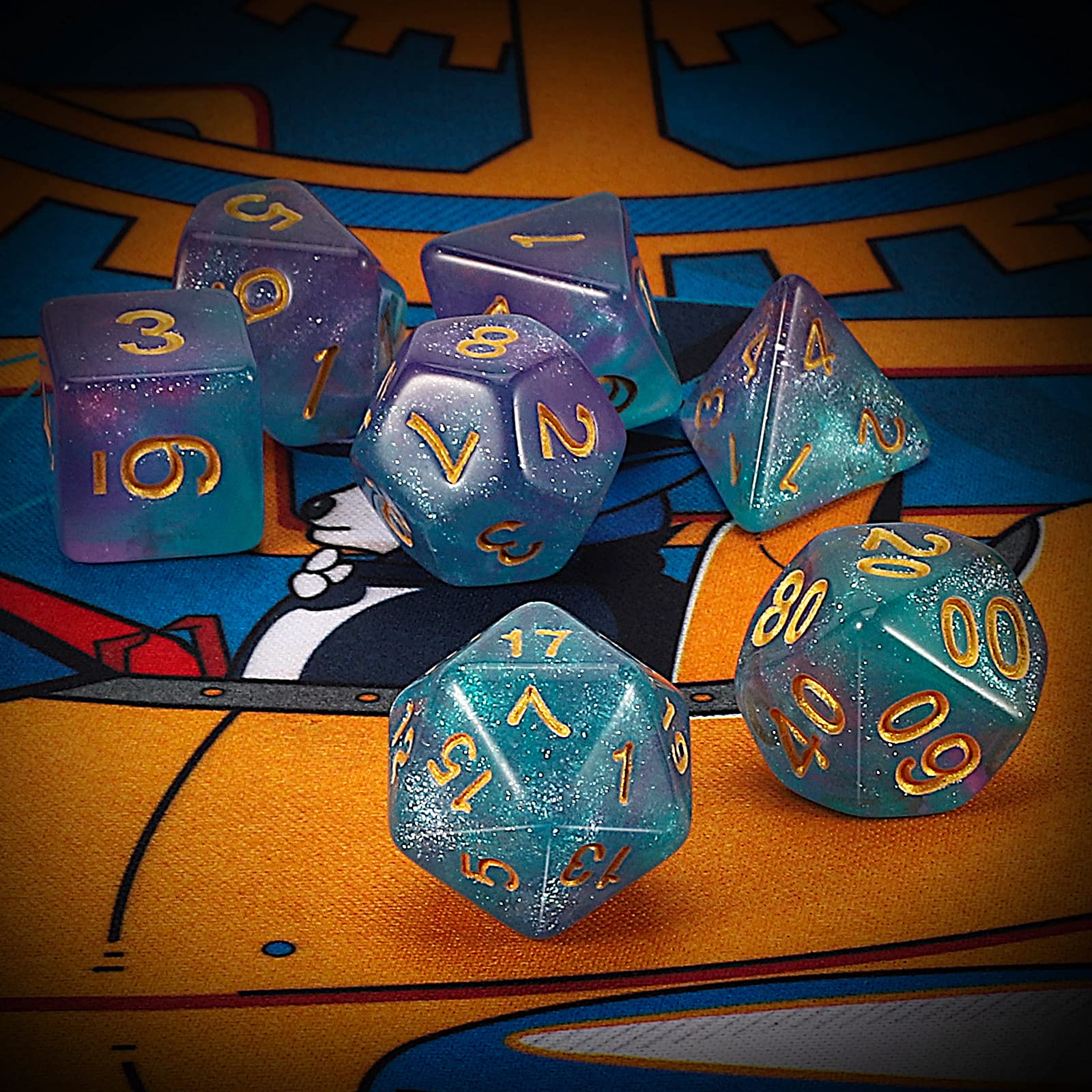 QMay DND Dice Set purple light blue glitter includes dual d10s for accurate percentile rolls.