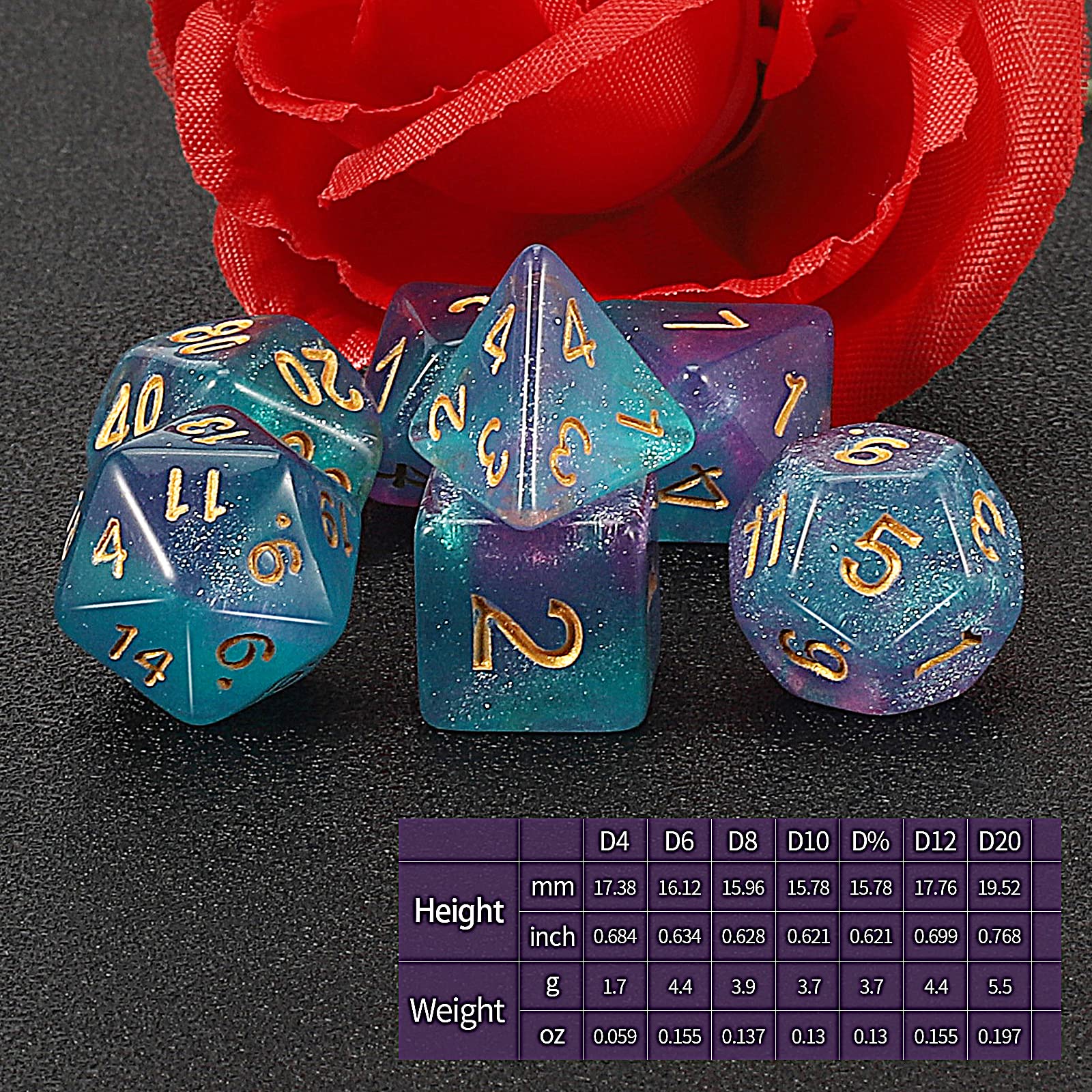 QMay DND Dice Set purple light blue glitter highlights a smooth d12 for reliable results.