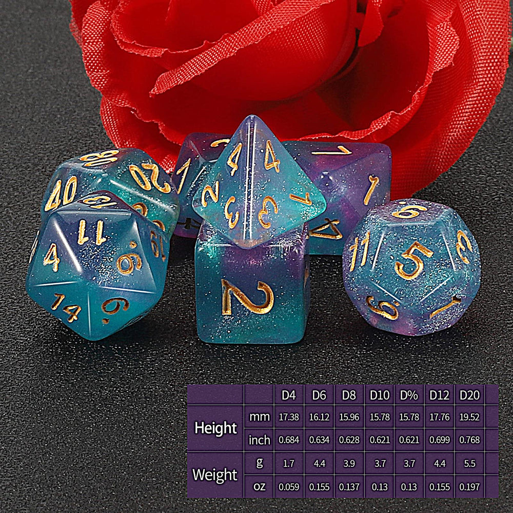 QMay DND Dice Set purple light blue glitter highlights a smooth d12 for reliable results.