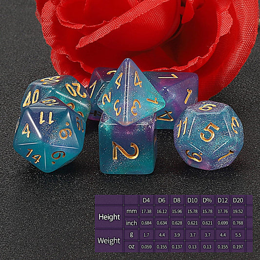 QMay DND Dice Set purple light blue glitter highlights a smooth d12 for reliable results.