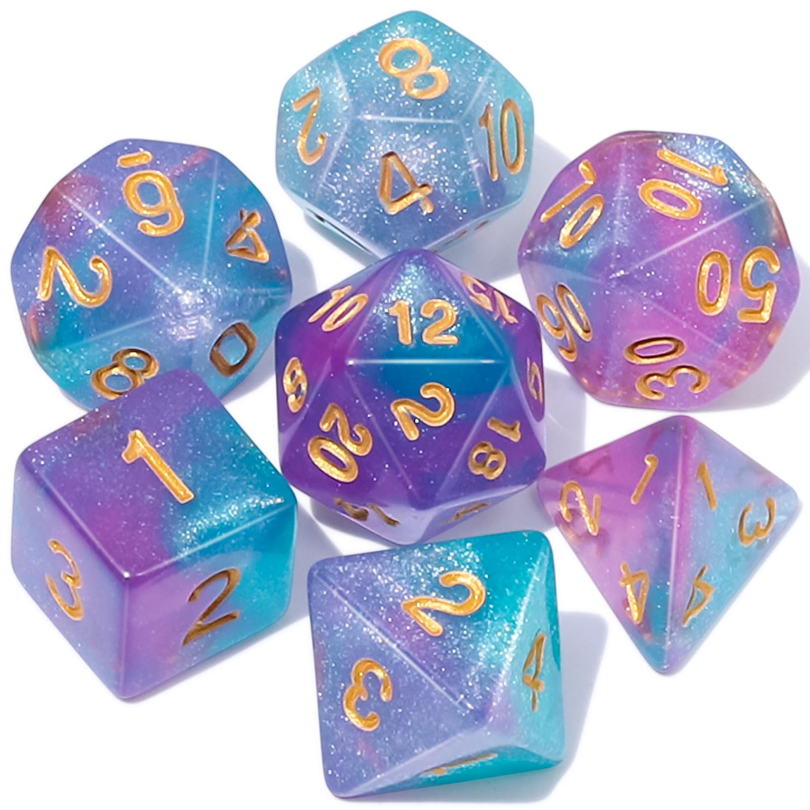 QMay DND Dice Set shows the purple light blue glitter with crisp golden numbers for quick, confident rolls.