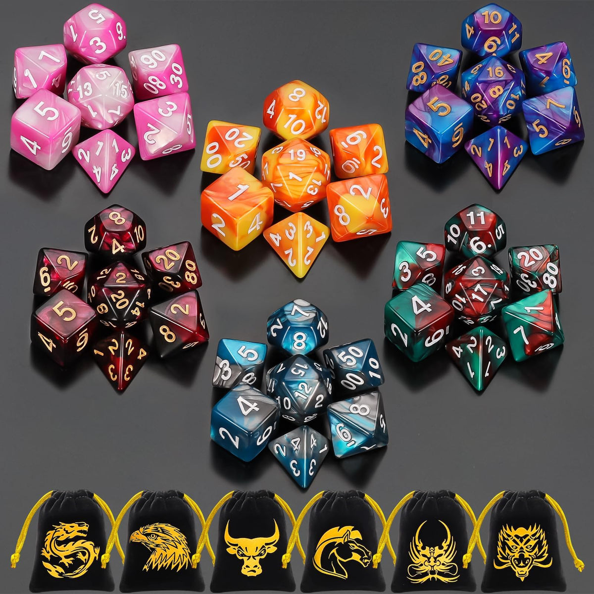 QMay DND dice sets with 42 pieces organized for tabletop play