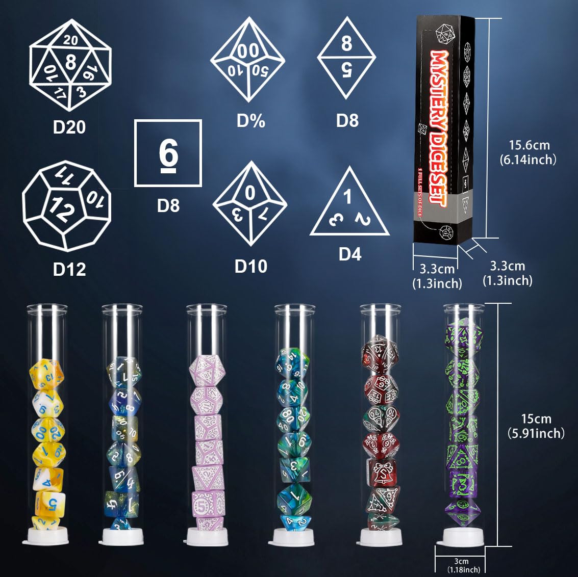 QMAY full dice set (D4–D20) in a single cohesive style.