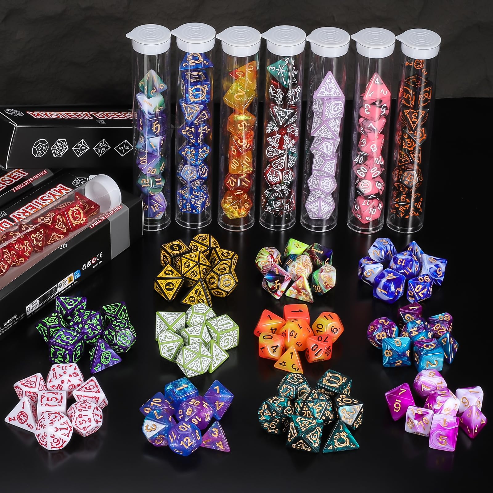 QMAY complete polyhedral dice set inside each mystery box for RPG play.