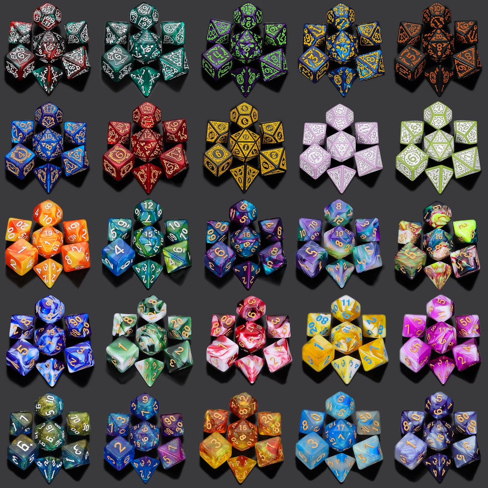 QMAY polyhedral dice include D4 to D20 in bright tones.