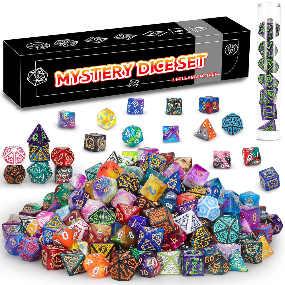 QMAY Mystery Dice Box unboxing shows a full polyhedral dice set ready for RPG sessions.
