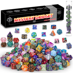 QMAY Mystery Dice Box unboxing shows a full polyhedral dice set ready for RPG sessions.