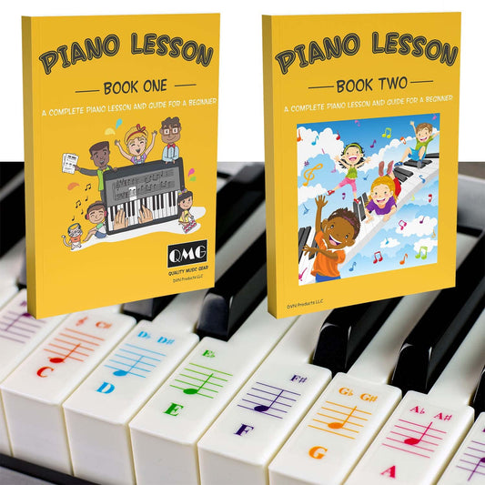 QMG color piano stickers on keyboard for easy note learning and quick recognition.