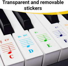QMG kids learning at piano with color stickers at home.