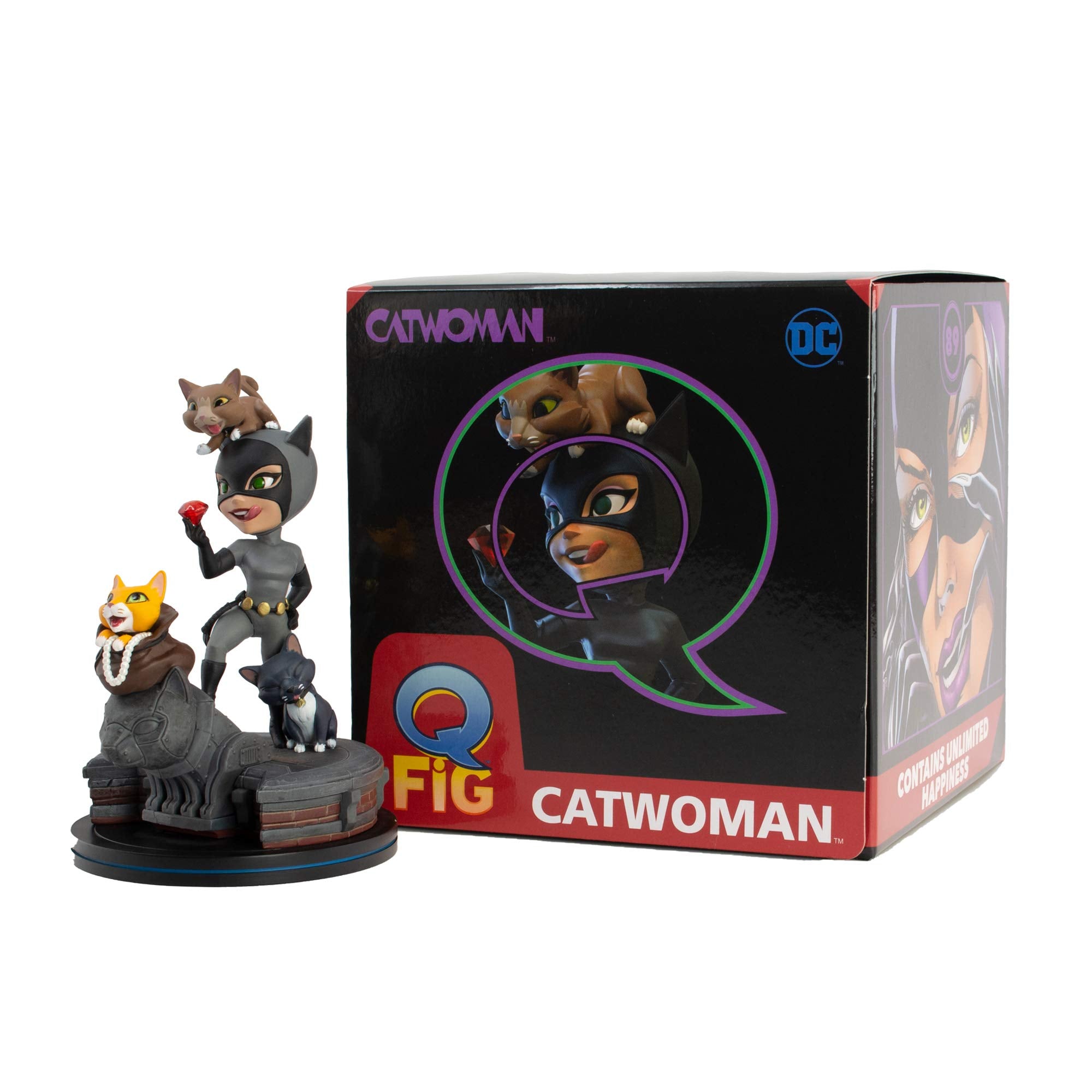 QMx Catwoman Q-Fig Elite kitties and Catwoman diorama on a shelf.