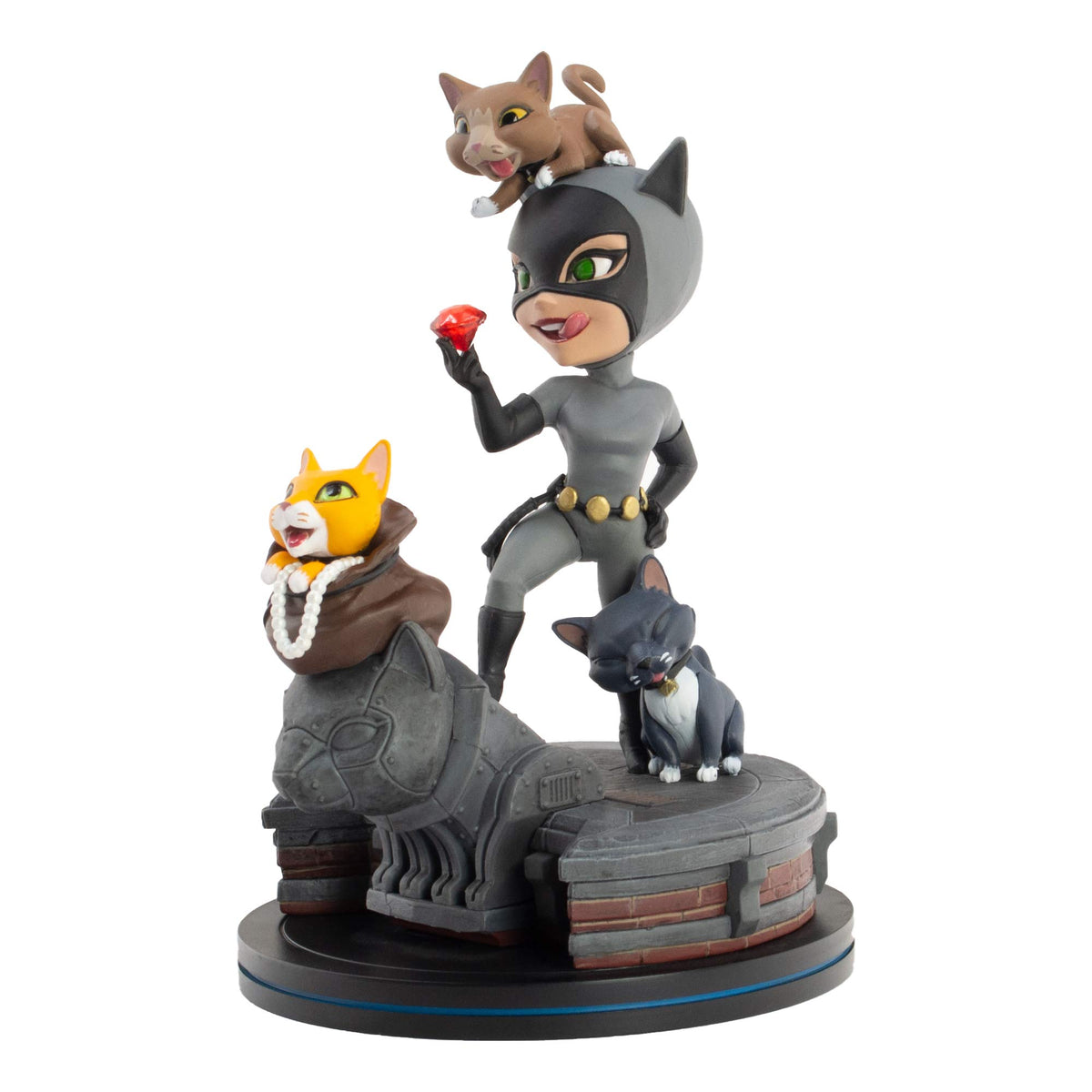 QMx Catwoman Q-Fig Elite Selina Kyle with kittens on a detailed shelf display.