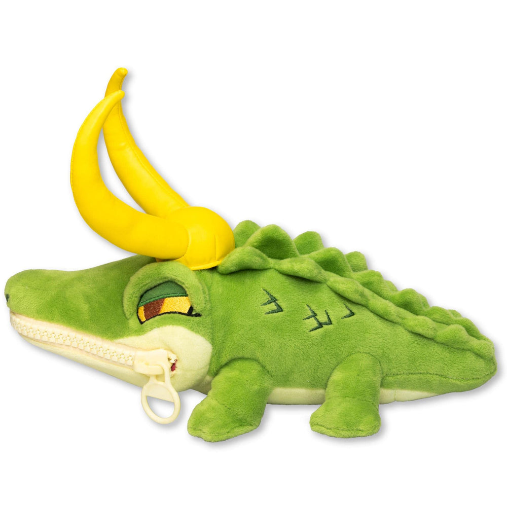 QMx Alligator Loki Zippermouth Plush opens to reveal presidential Loki button behind the mouth.