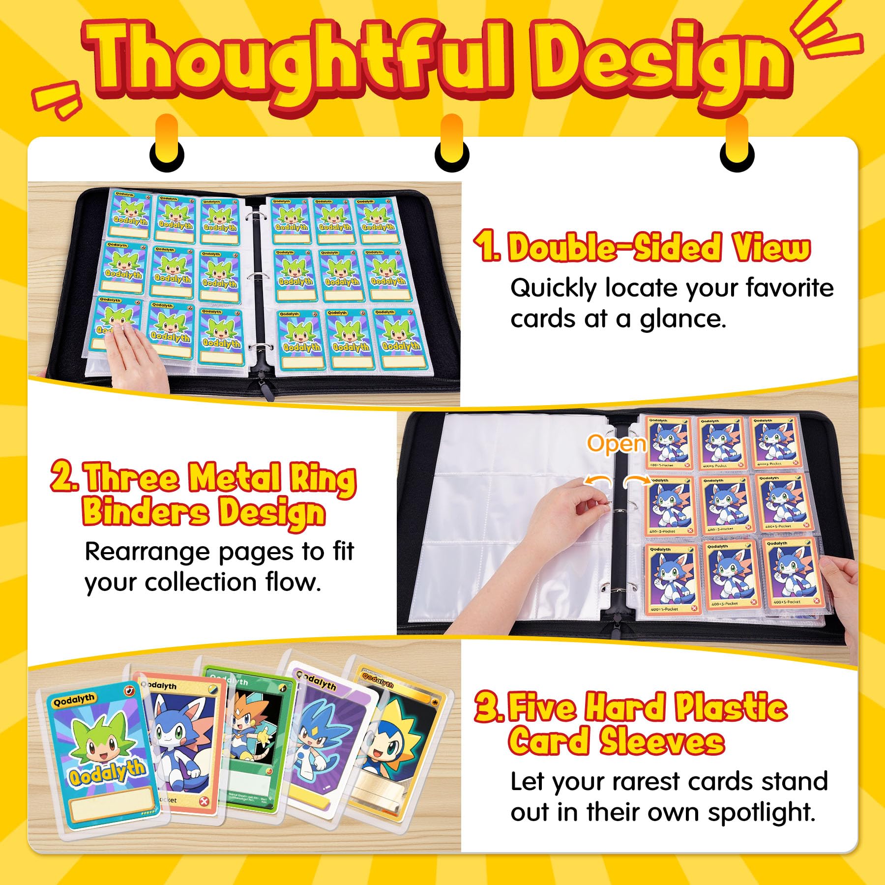 Qodalyth Card Binder dimension 131-106-2 inch fits standard trading cards.