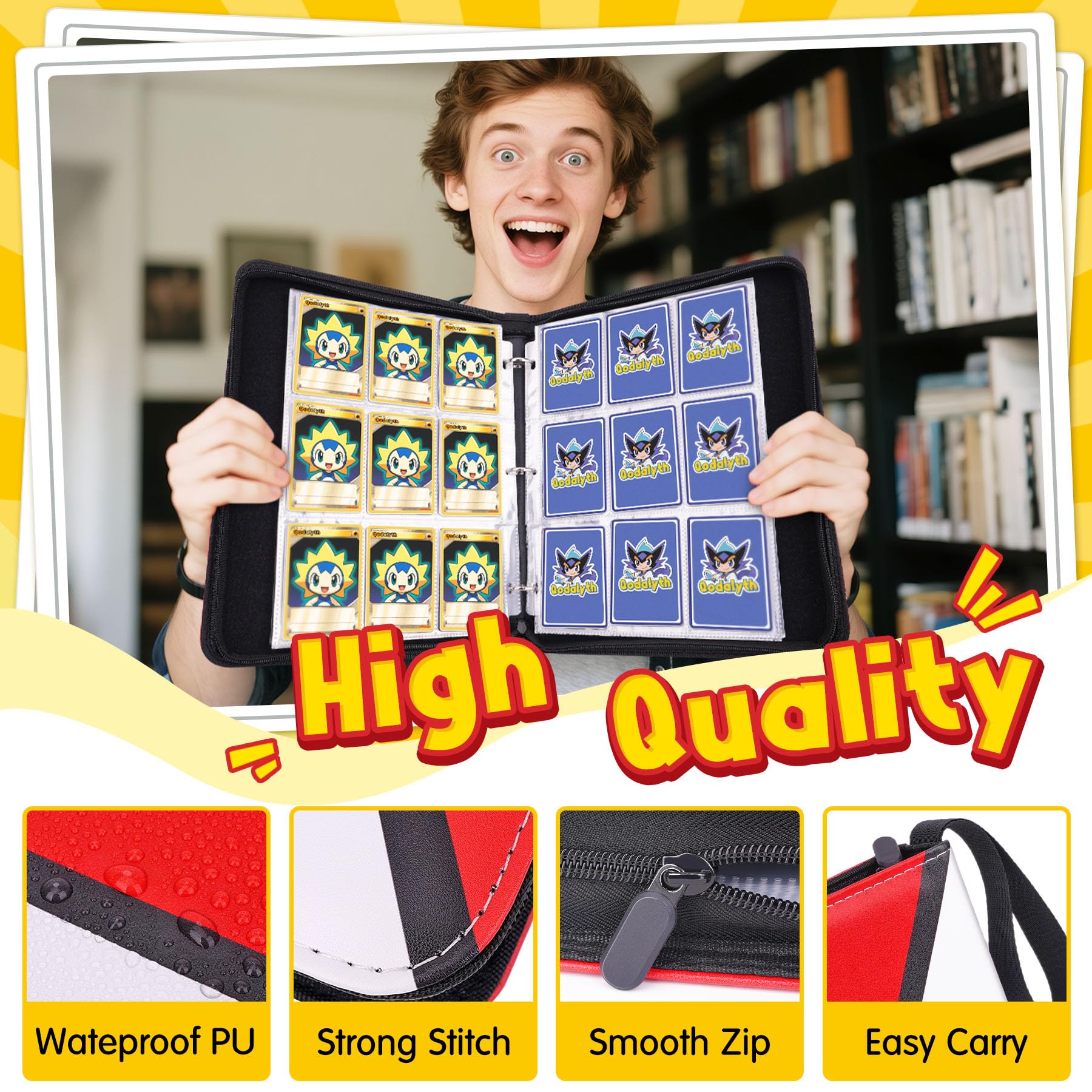 Qodalyth Card Binder double-sided display showing up to 900 cards.