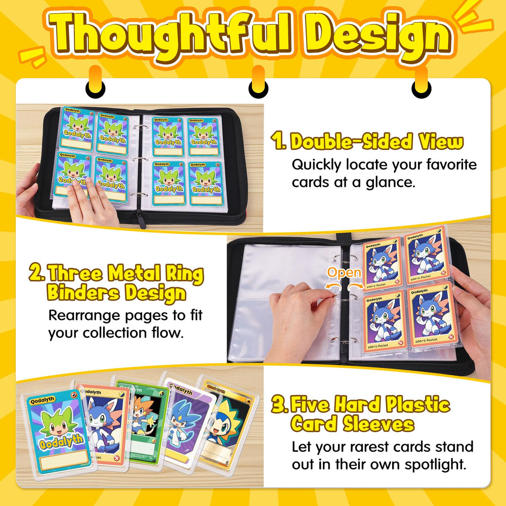 Double-sided display highlights cards for quick viewing and comparison.