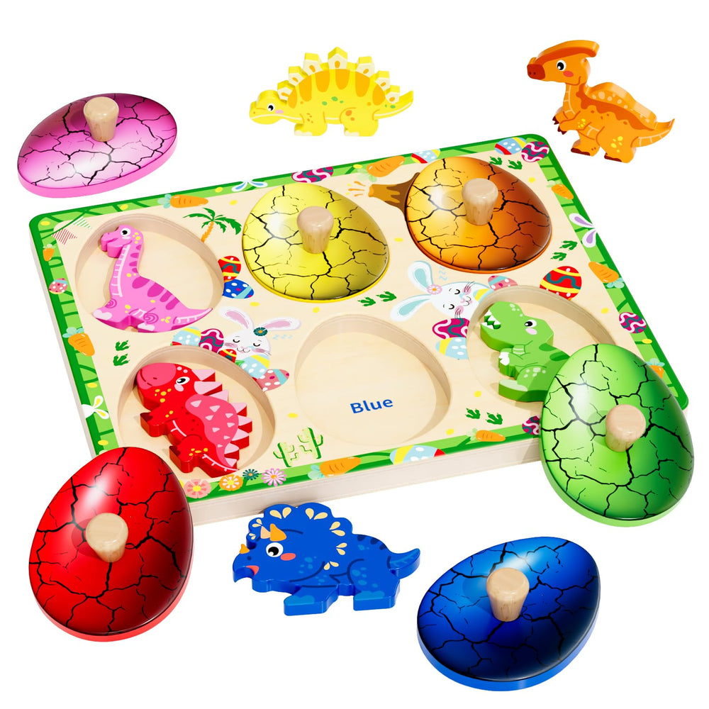 QODOFLR wooden dinosaur eggs puzzle board enhances fine motor skills for toddlers.