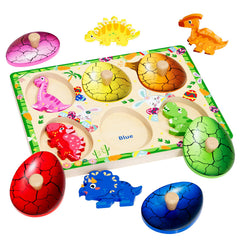QODOFLR wooden dinosaur eggs puzzle board enhances fine motor skills for toddlers.