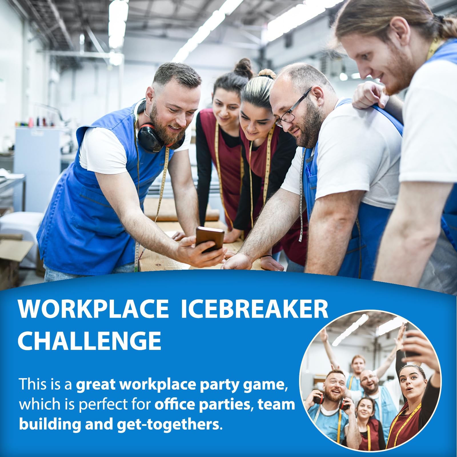 Office party scene with QOFO scavenger hunt encouraging ice breaking