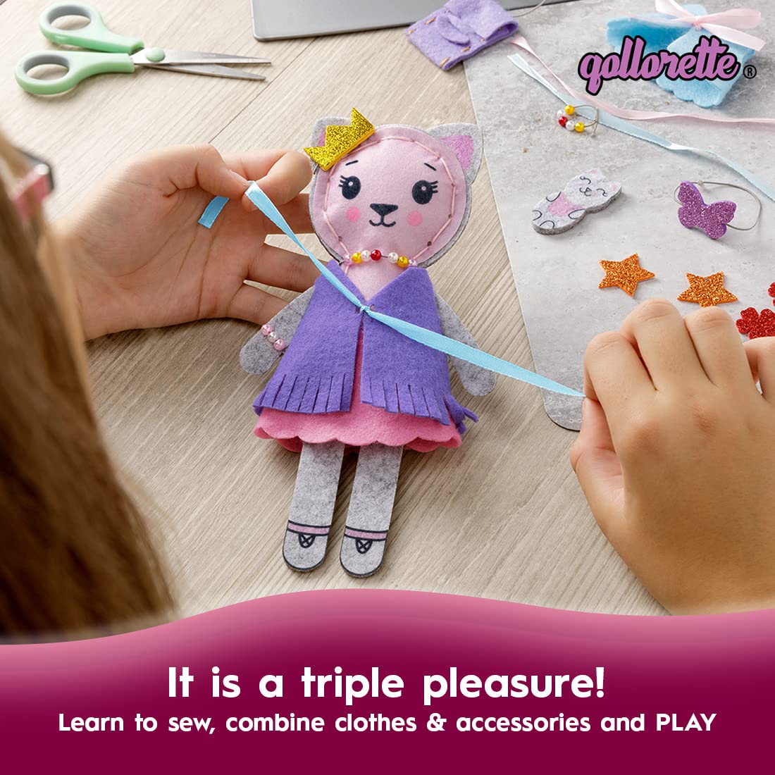 Qollorette felt sewing kit kid sewing session, improves focus and coordination.