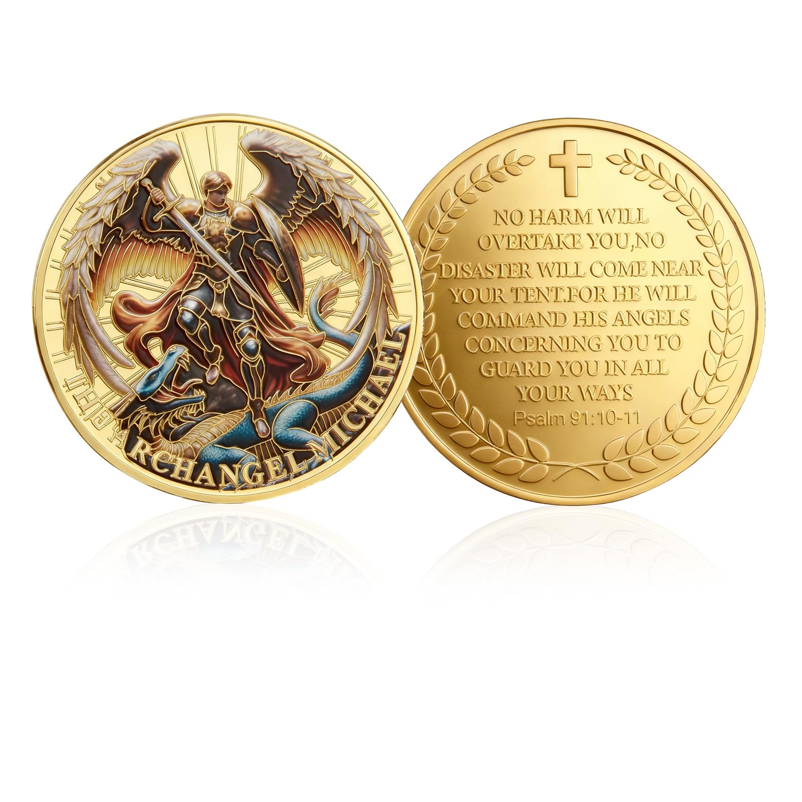 Qoncosy Archangel Michael coin front with victory scene for daily inspiration