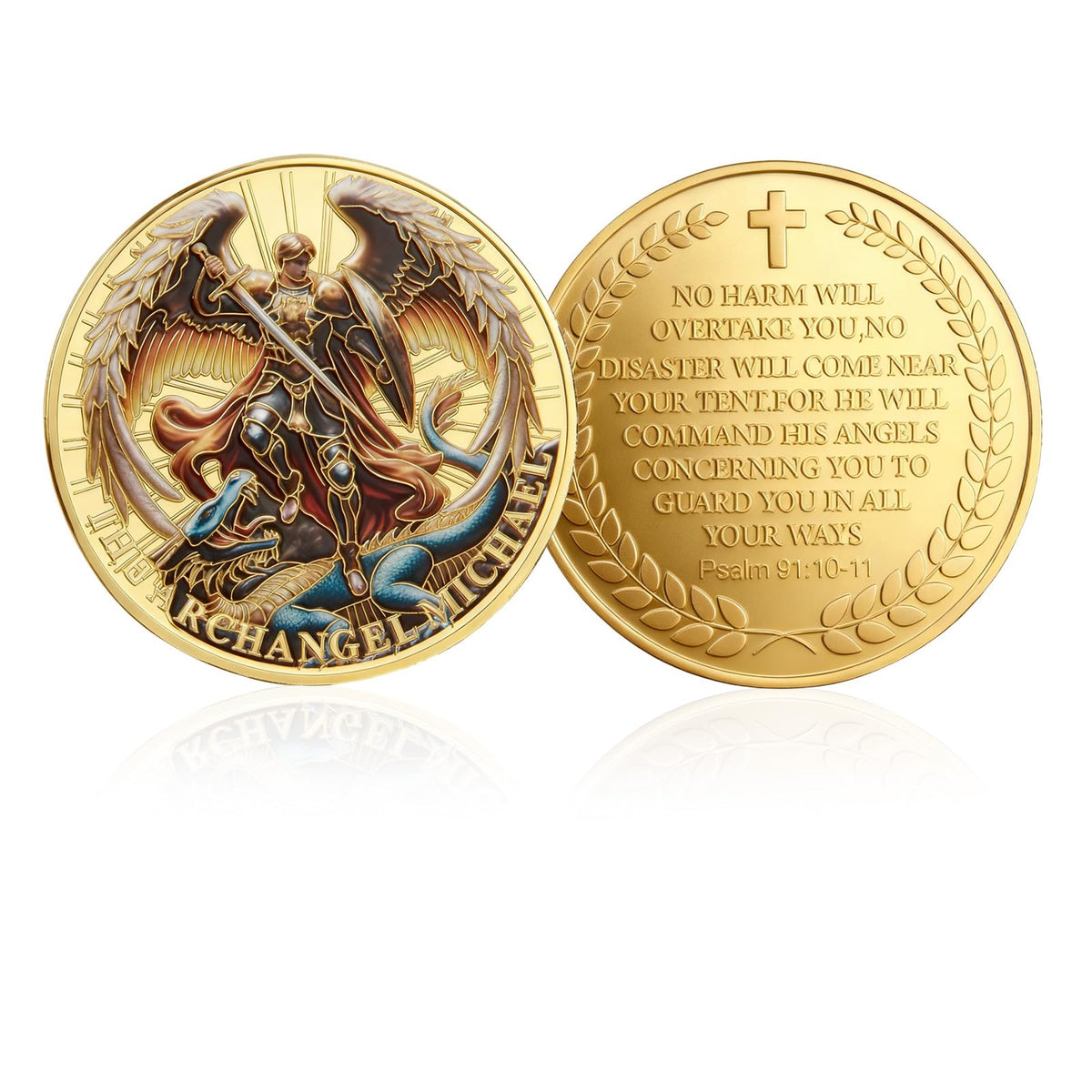 Qoncosy Archangel Michael coin front with victory scene for daily inspiration