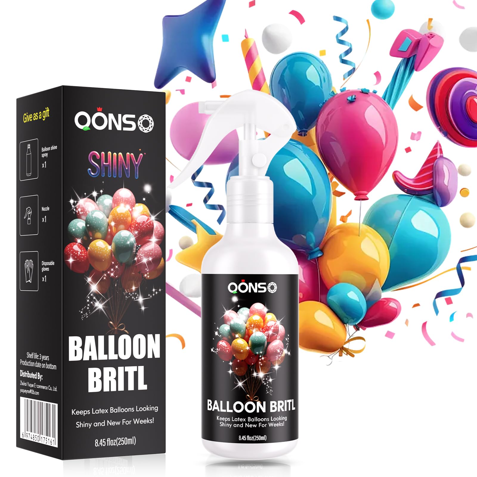 QONS Balloon Shine Spray 8.45oz bottle pour for even latex balloon gloss