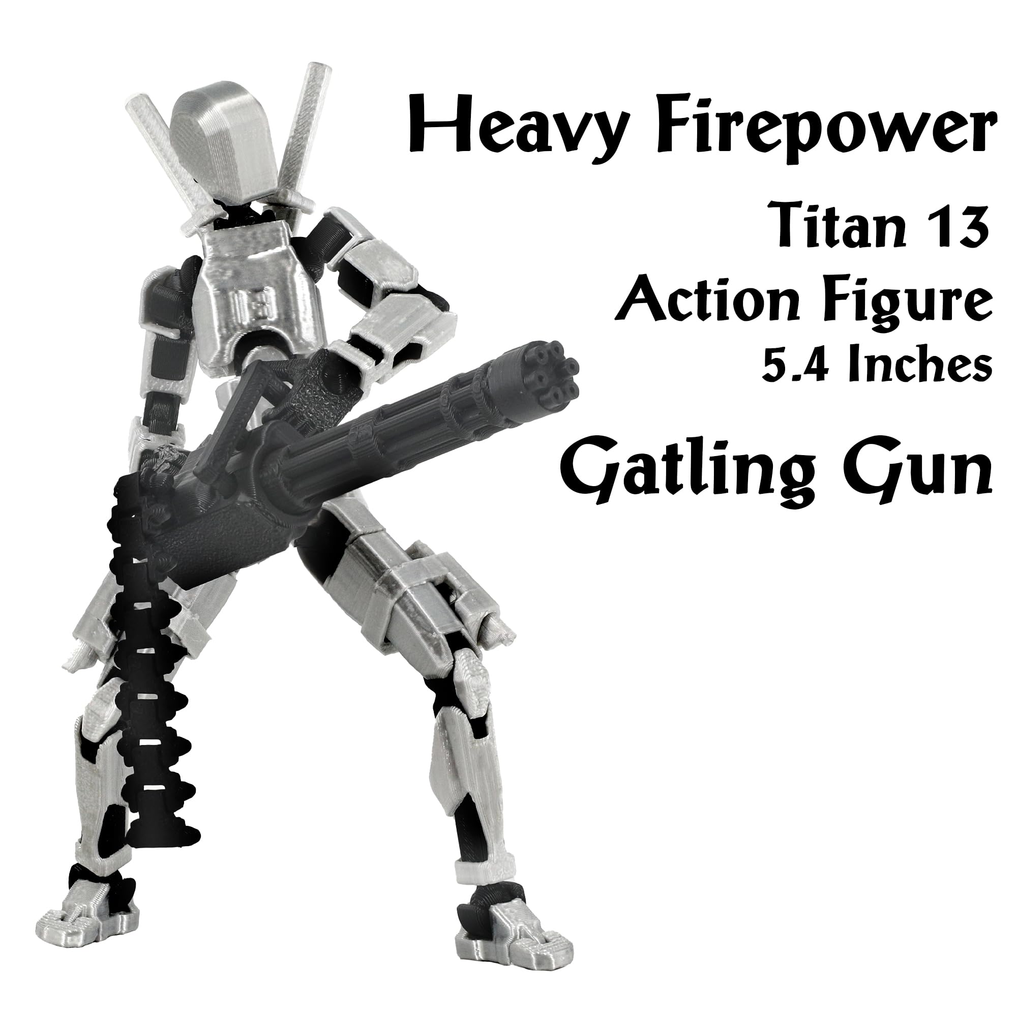 Qoopower Gatling T13 Titan weapons pack enhances dynamic posing for desk setups.