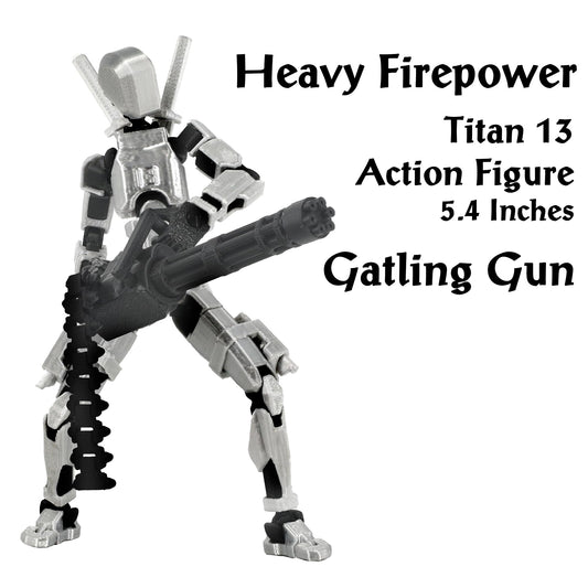 Qoopower Gatling T13 Titan weapons pack enhances dynamic posing for desk setups.