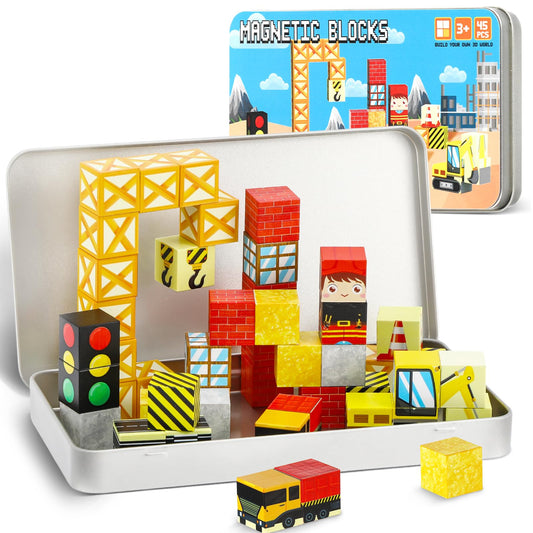 QOUBAI 45-piece magnetic blocks in a travel tin box for on-the-go creativity.