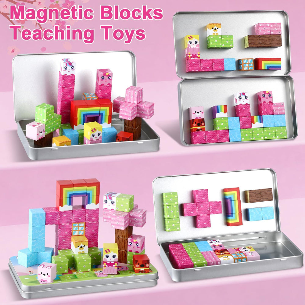QOUBAI child building with magnetic tiles boosts fine motor.