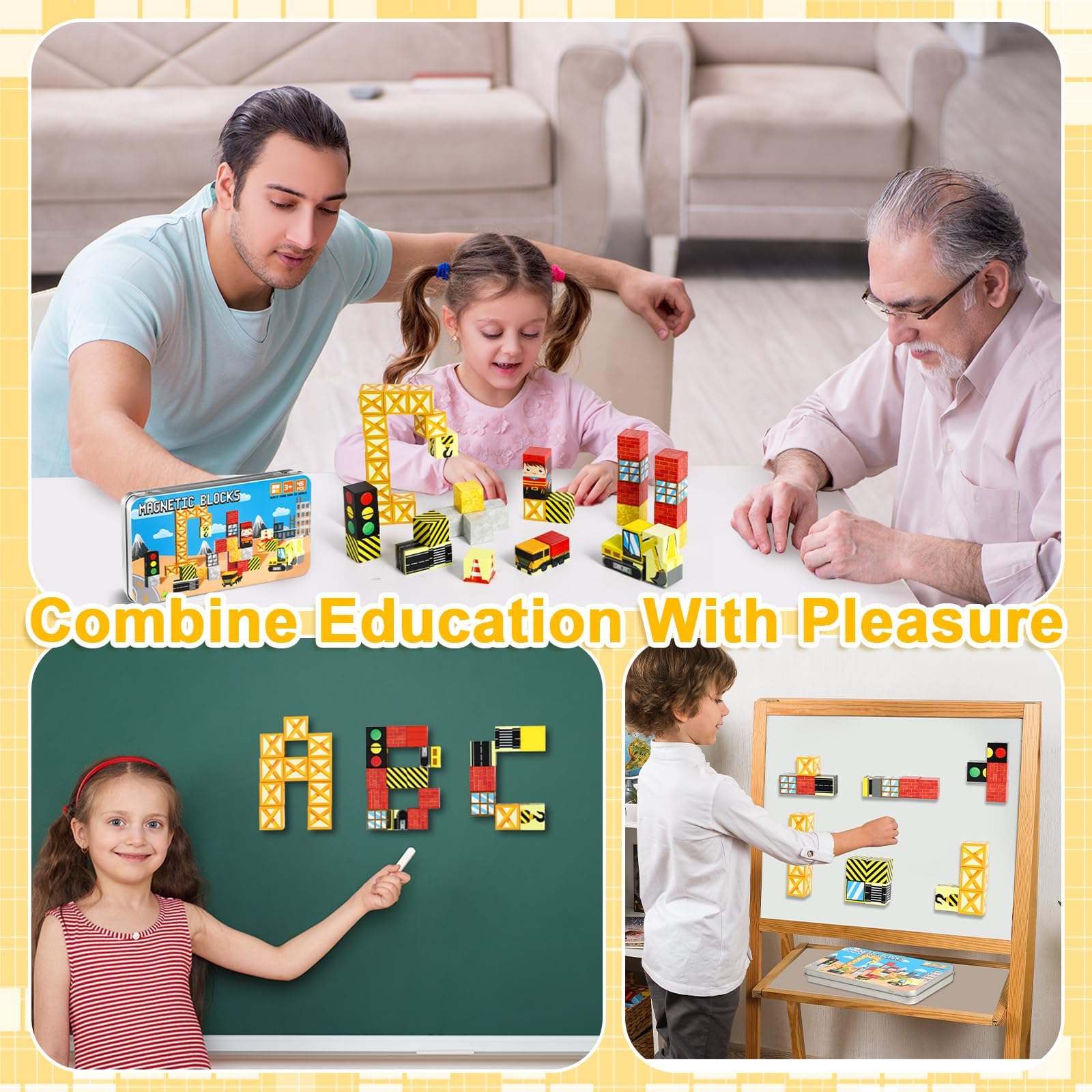 QOUBAI sturdy tin box stores all blocks securely for classroom or home use.