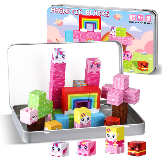 QOUBAI unicorn rainbow magnetic blocks in case for imaginative play.