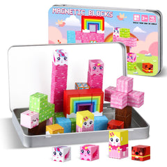 QOUBAI unicorn rainbow magnetic blocks in case for imaginative play.