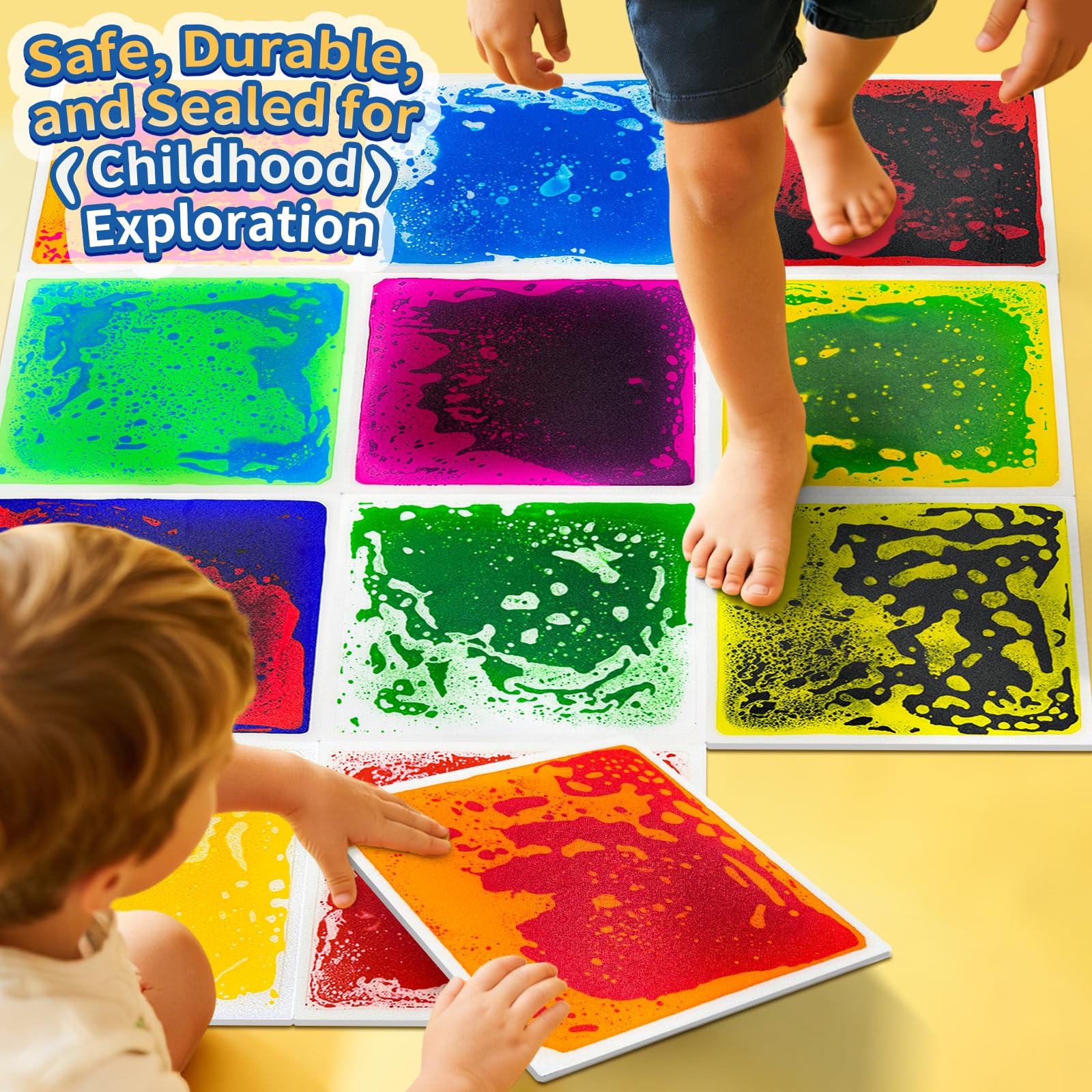 Qoytqoy Liquid Sensory Tiles stackable-design easy to pack for travel.