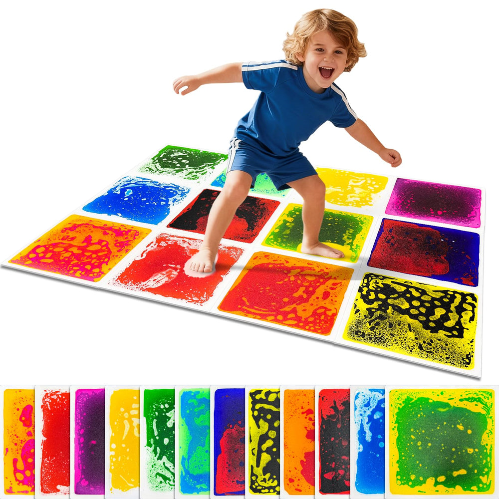Qoytqoy Liquid Sensory Tiles swirl to aid visual tracking and rhythm during play.